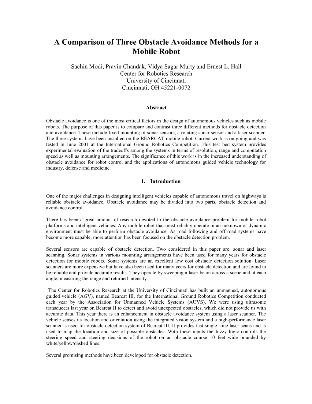 A Comparison Of Three Obstacle Avoidance Methods For A Mobile Robot