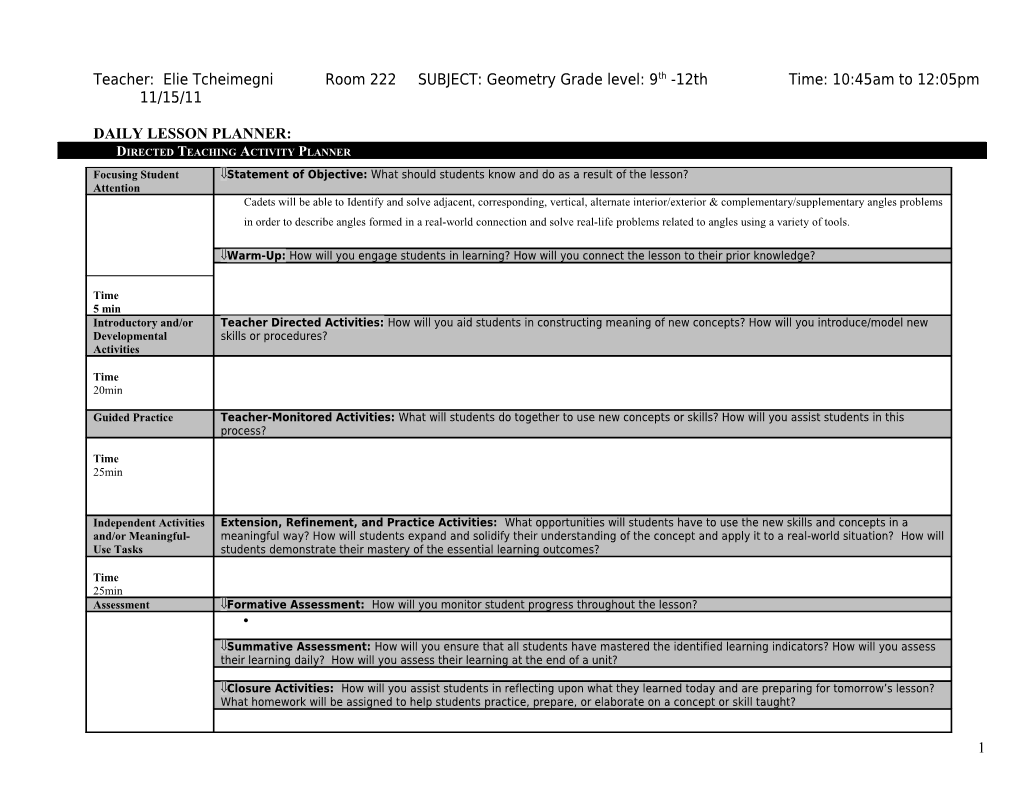 Directed Teaching Activity Planner