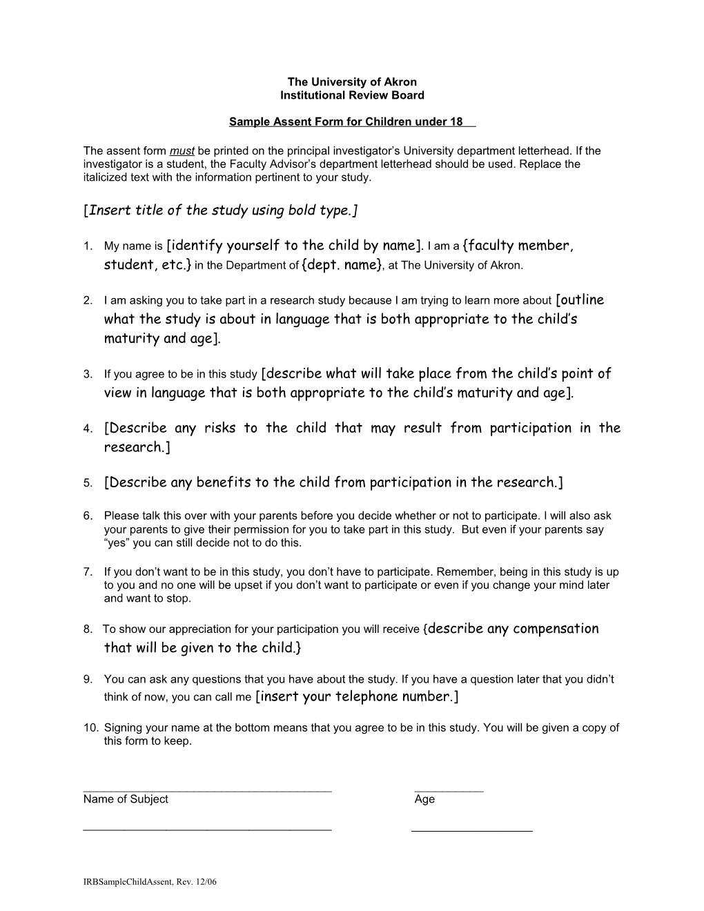 Sample Parental Consent Form for Subjects Under 18