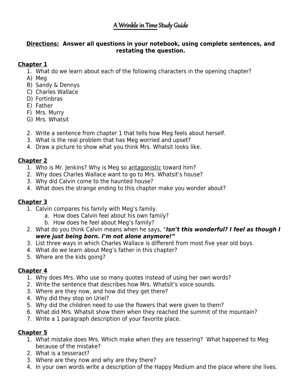 A Wrinkle in Time Study Guide