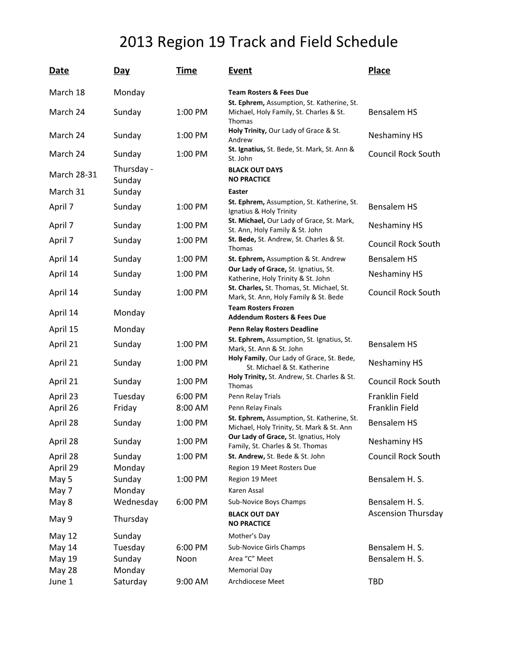 2004 Region 19 Track and Field Schedule
