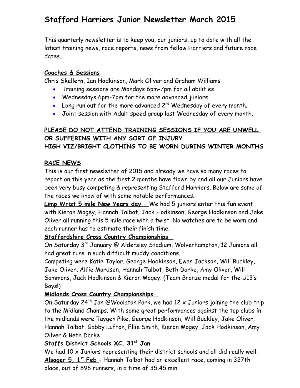 Stafford Harriers Junior Newsletter January 2014