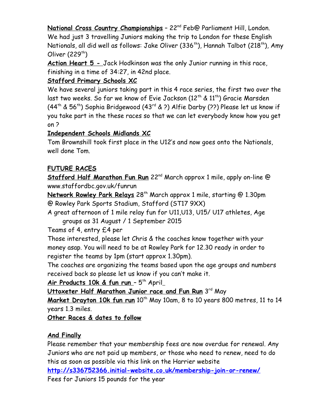 Stafford Harriers Junior Newsletter January 2014