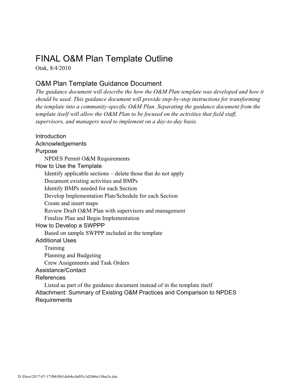 FINAL O&M Plan Template Outline