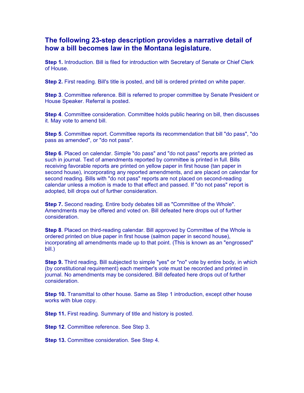 The Following 23-Step Description Provides a Narrative Detail of How a Bill Becomes Law