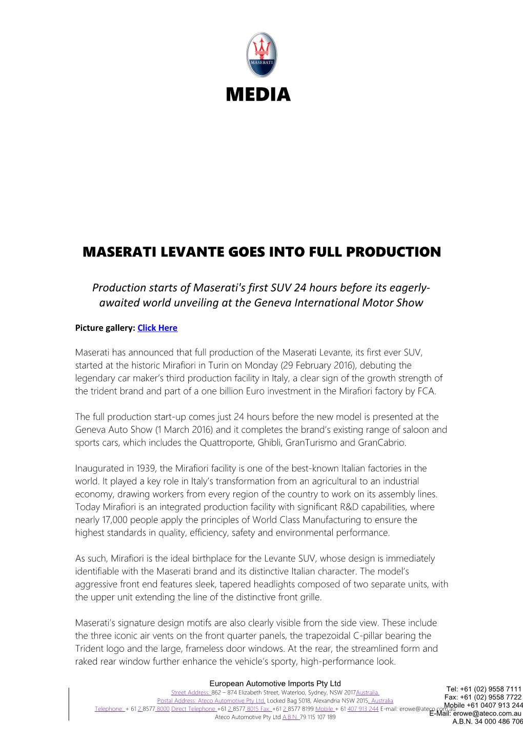 MASERATI LEVANTE Goes Into Full Production