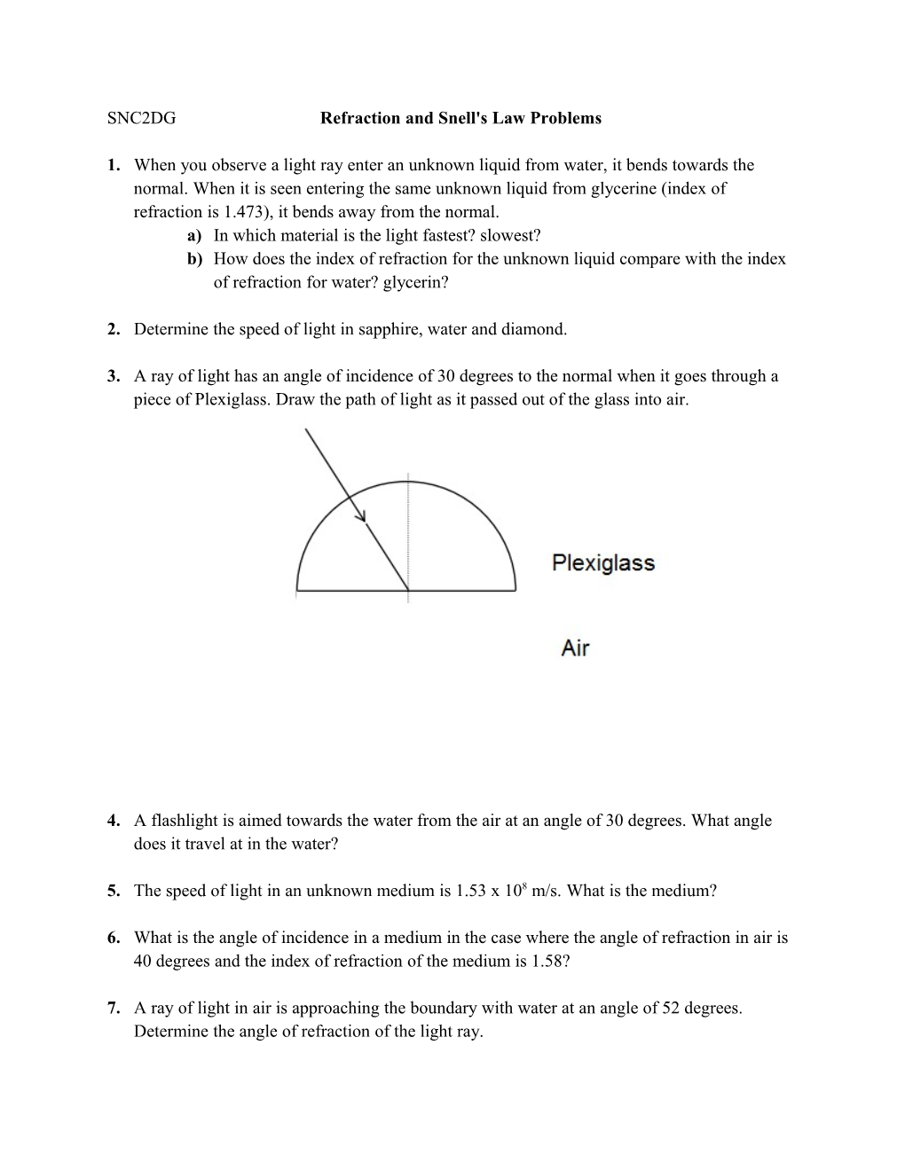 SNC2DG Refraction and Snell's Law Problems
