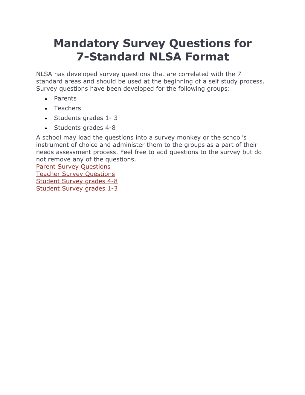 Mandatory Survey Questions for 7-Standard NLSA Format