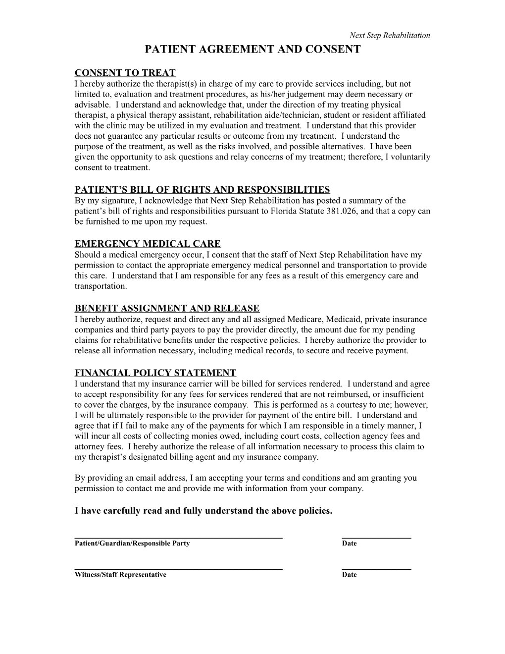 Patient Agreement and Consent