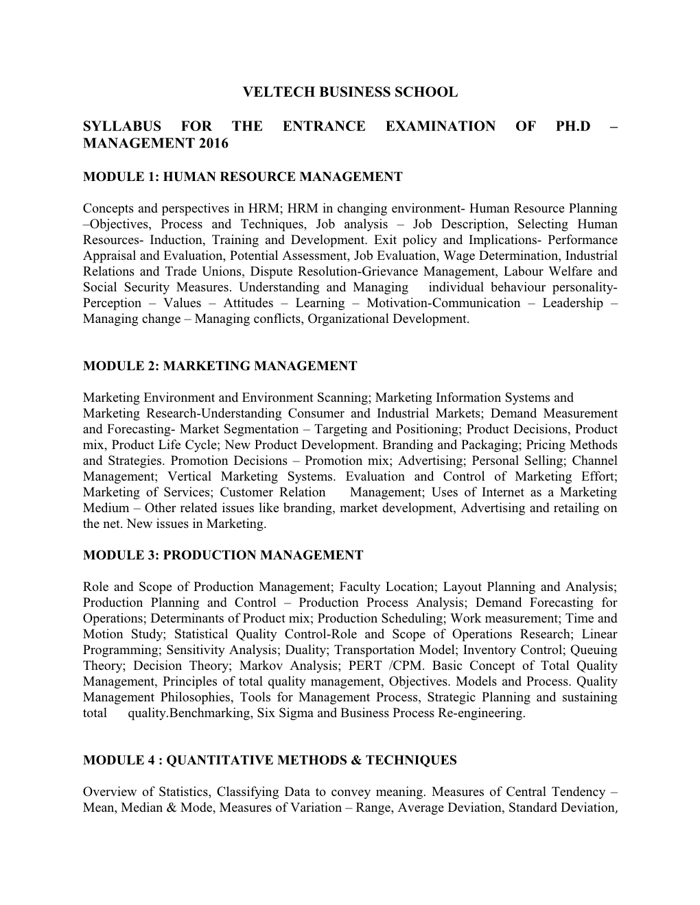 Syllabus for the Entrance Examination of Ph.D Management 2016