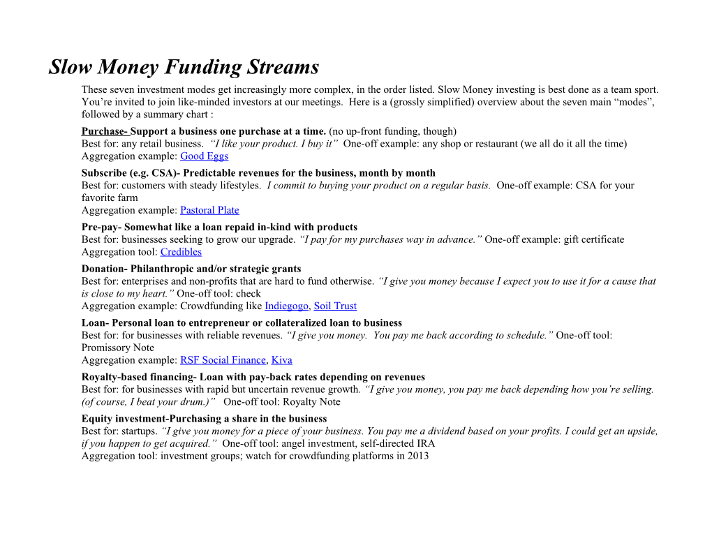 Slow Money Funding Streams