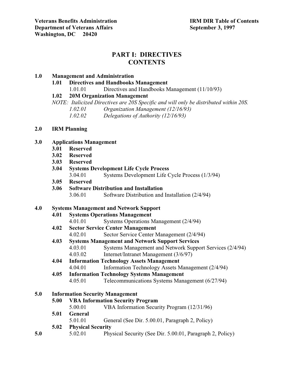 Table of Contents for M20-4 Part I