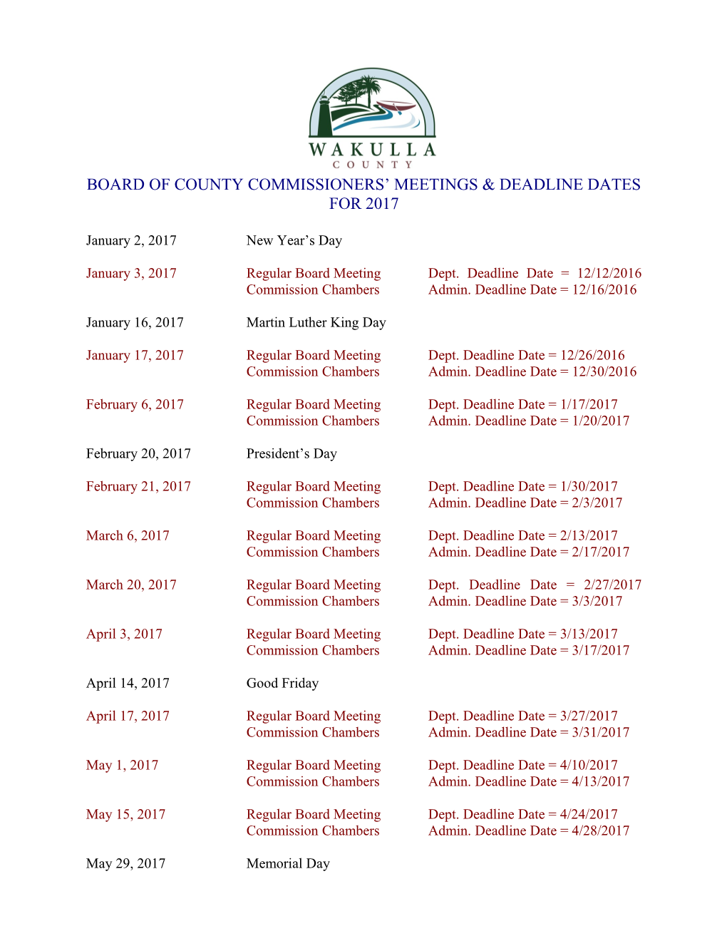 Wakulla County Commissioners Schedule For