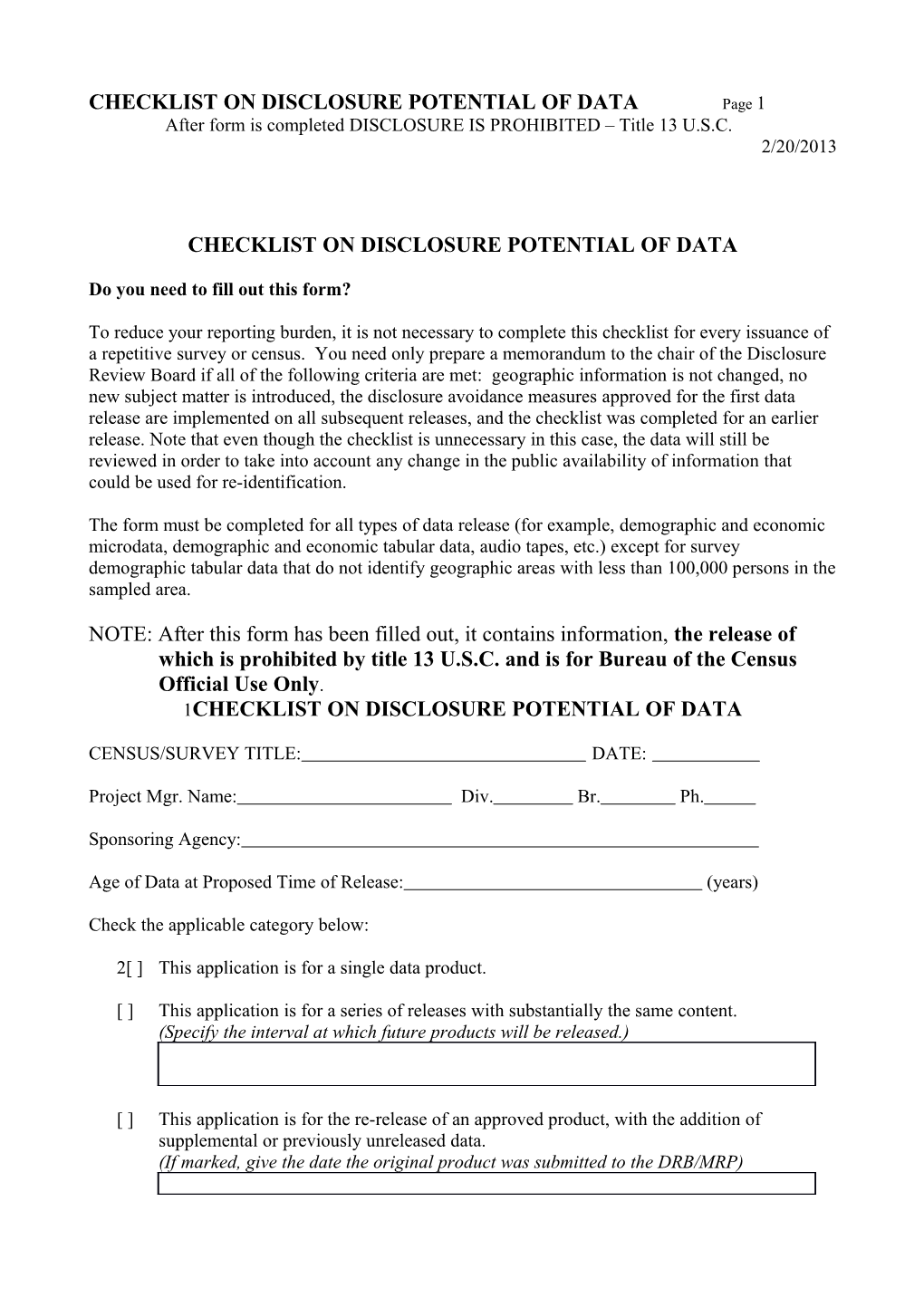 Checklist on Disclosure Potential of Data