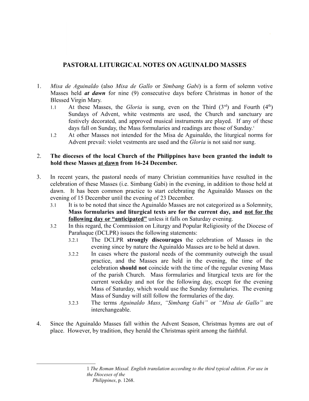Pastoral Liturgical Notes on Aguinaldo Masses