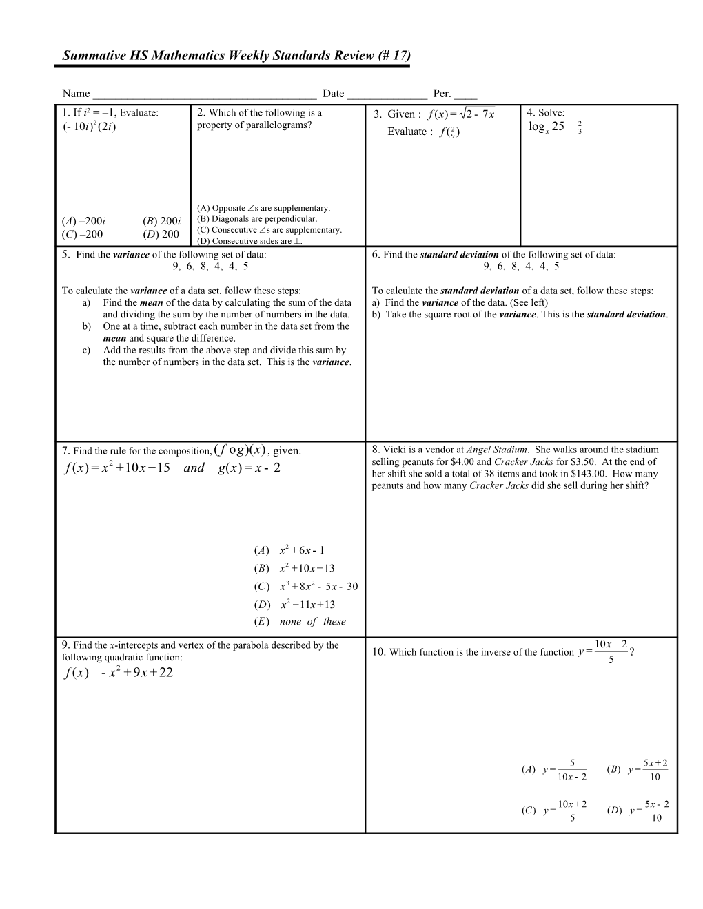 Algebra 2 Weekly Standards Review (Worksheet 1)