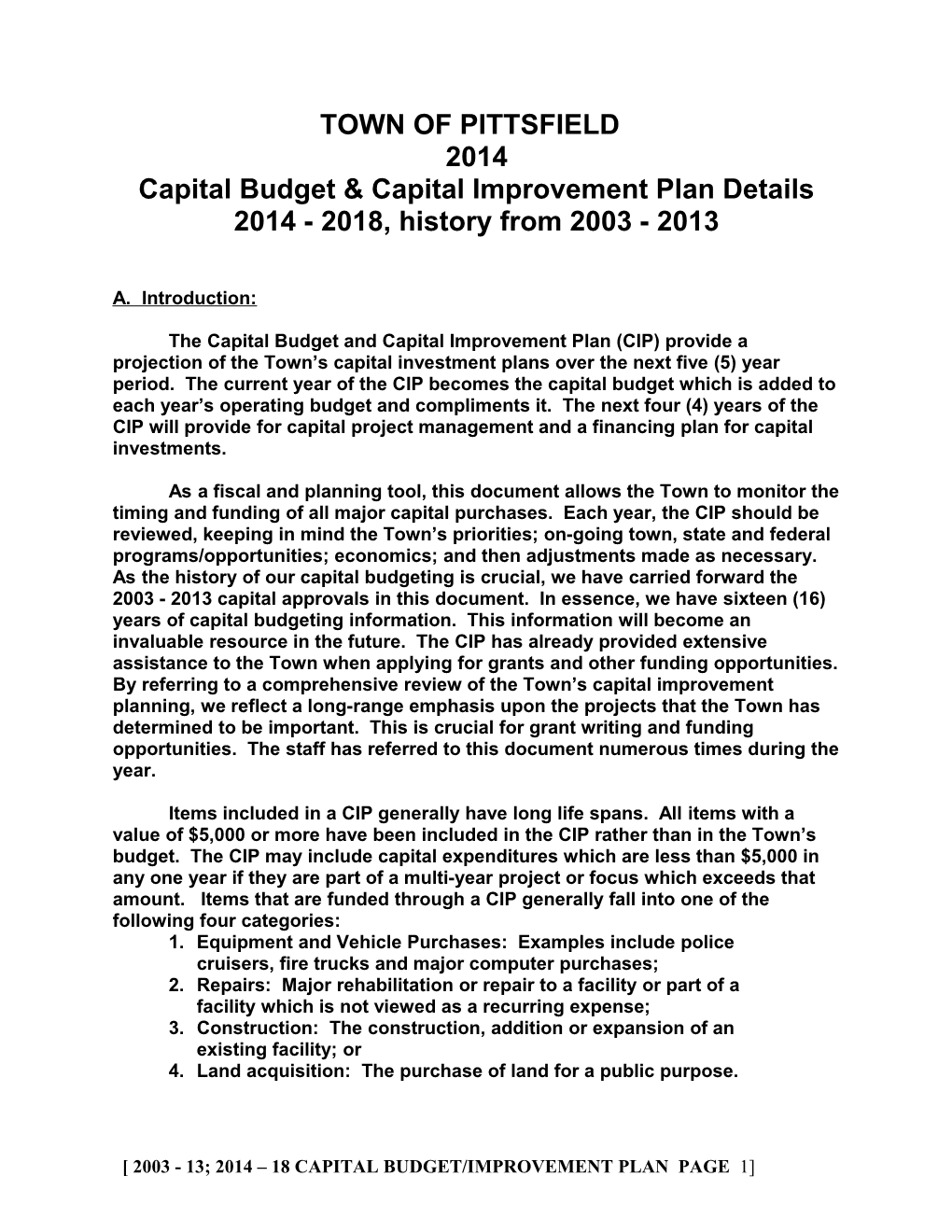 Capital Budget & Capital Improvement Plan Details