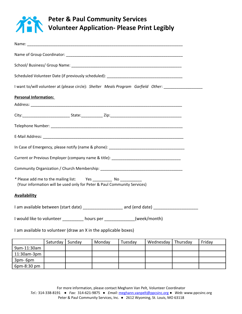 Volunteer Application- Please Print Legibly