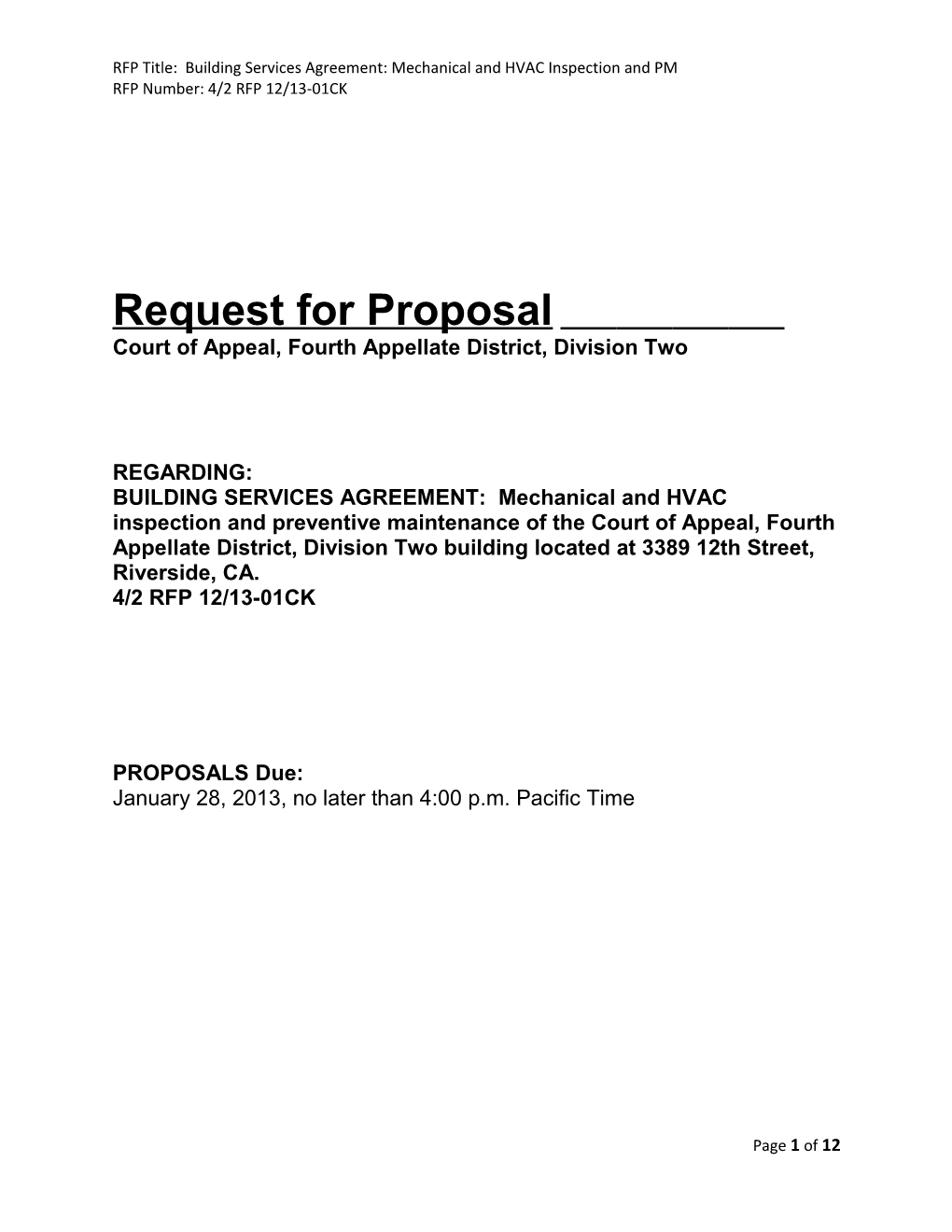 RFP Title: Building Services Agreement: Mechanical and HVAC Inspection and PM