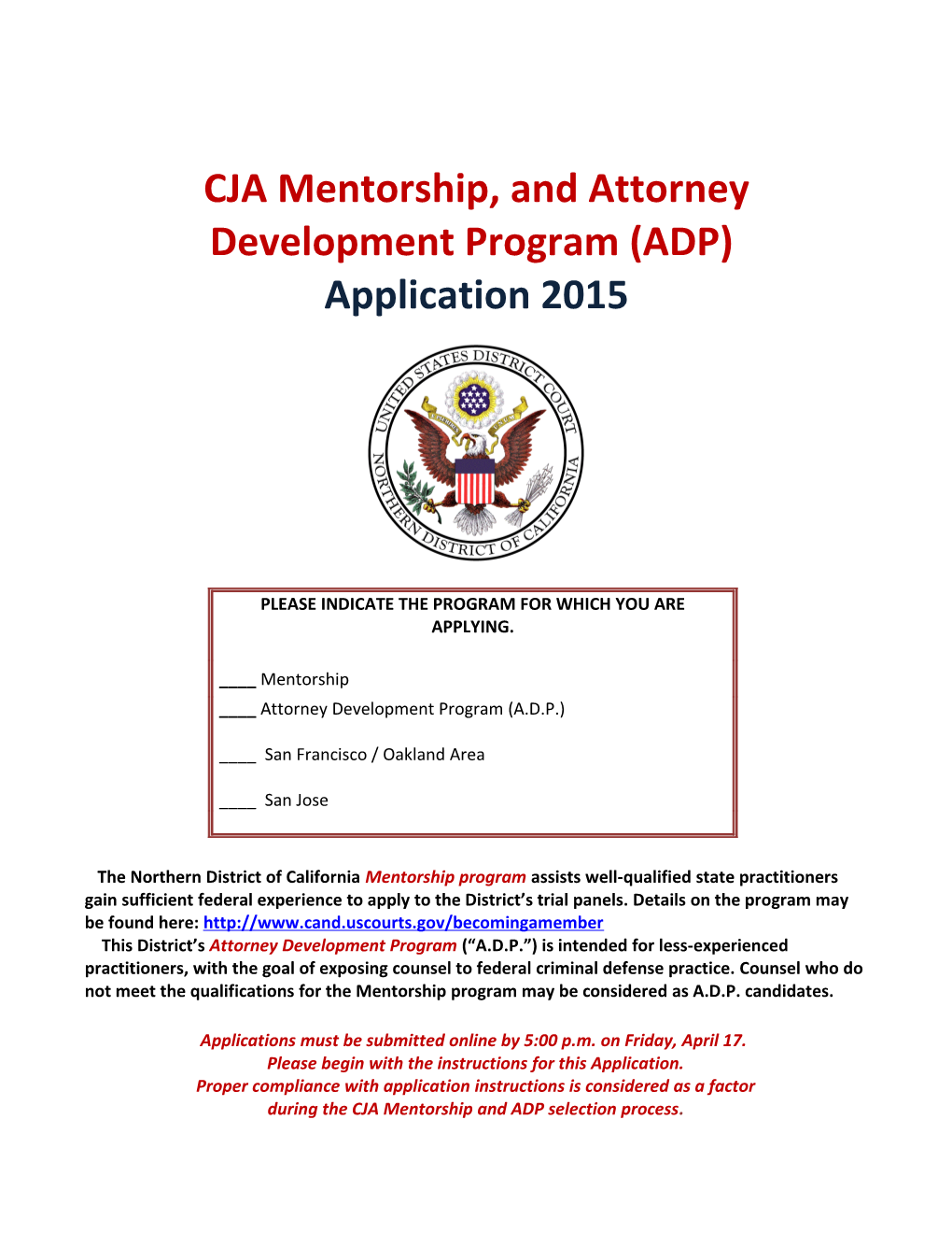 CJA Mentor ADP Application ND Cal 2014