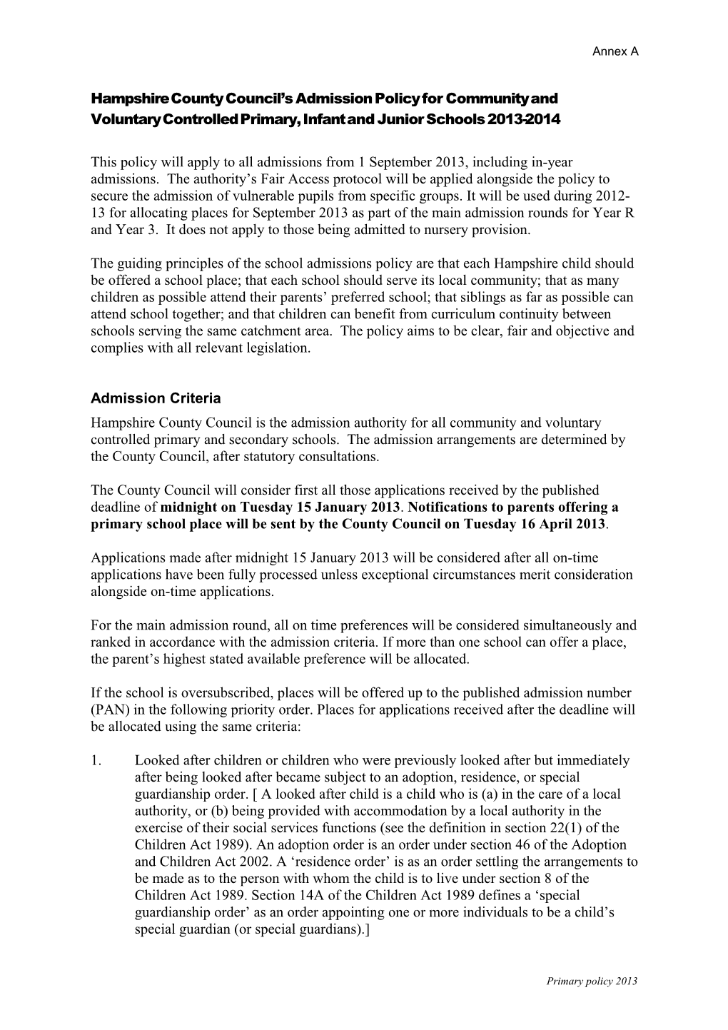 Hampshire County Council S Admission Policy for Community and Voluntary Controlled Primary