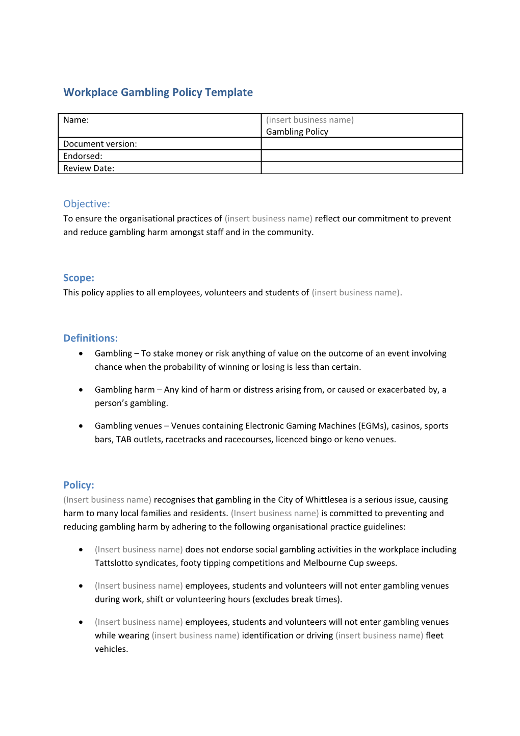 Workplace Gambling Policy Template