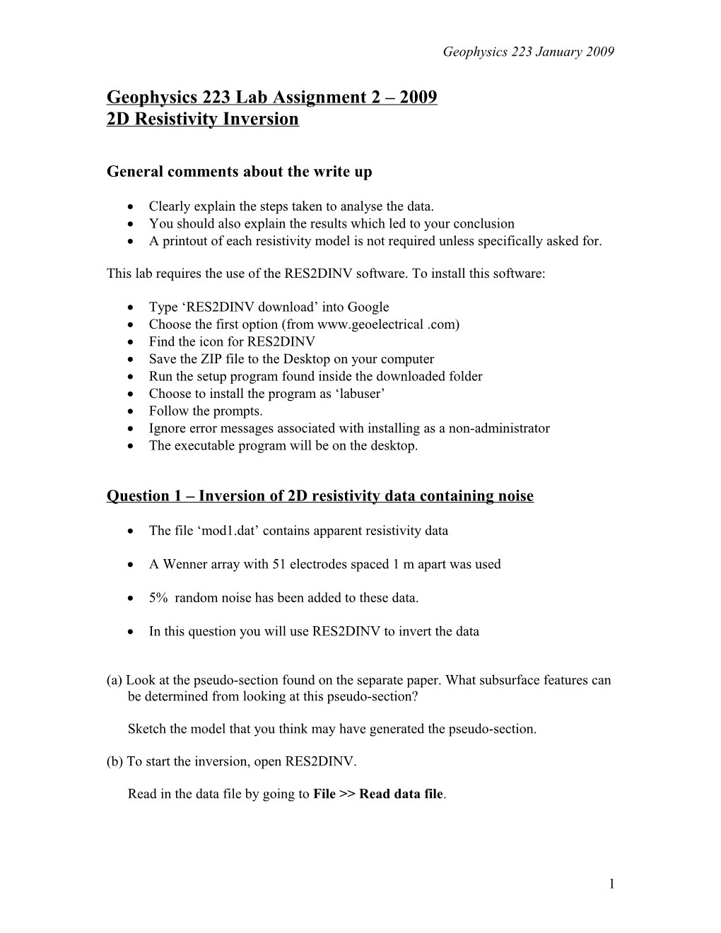 Geophysics 223 Lab Assignment 2 2009