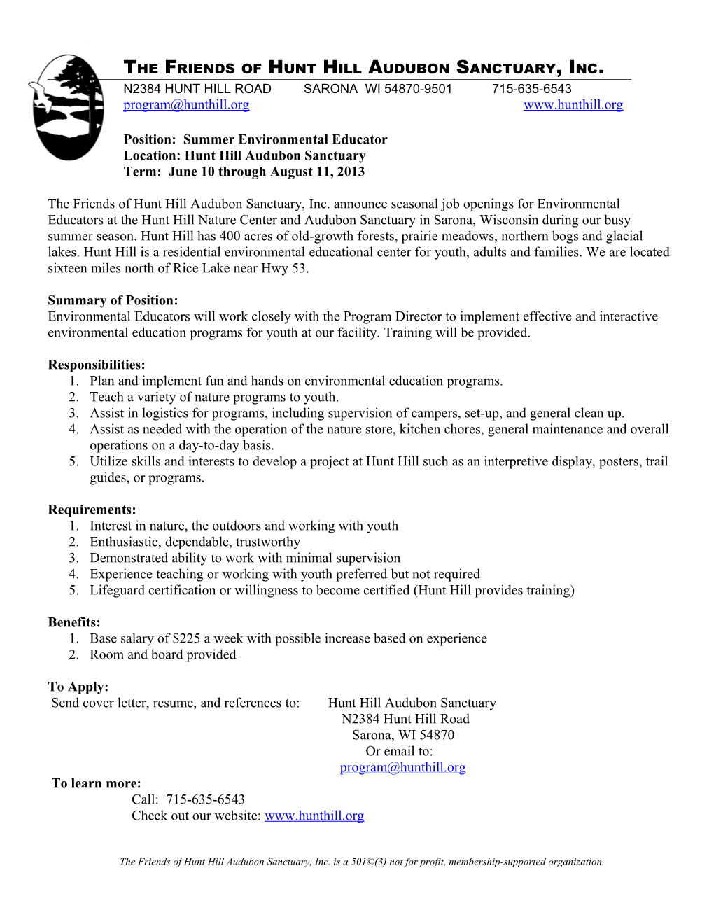 Position: Summer Environmental Educator