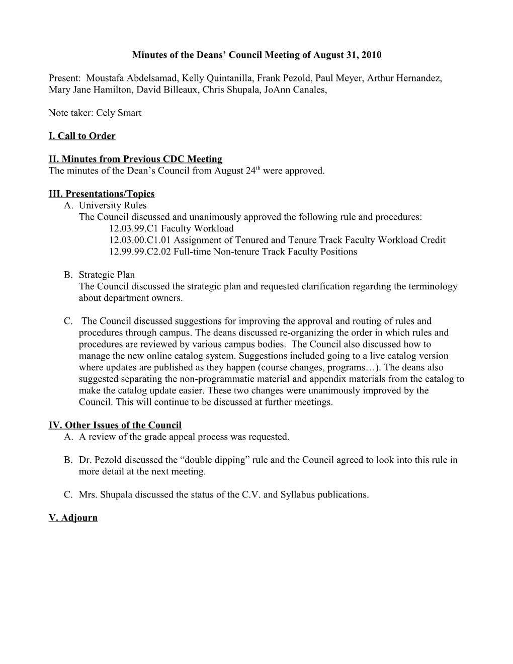 Minutes of the Deans Council Meeting of August 31, 2010