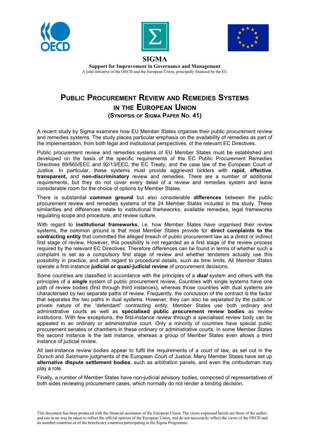 Public Procurement Review and Remedies Systems in the European Union (Synopsis of Sigma