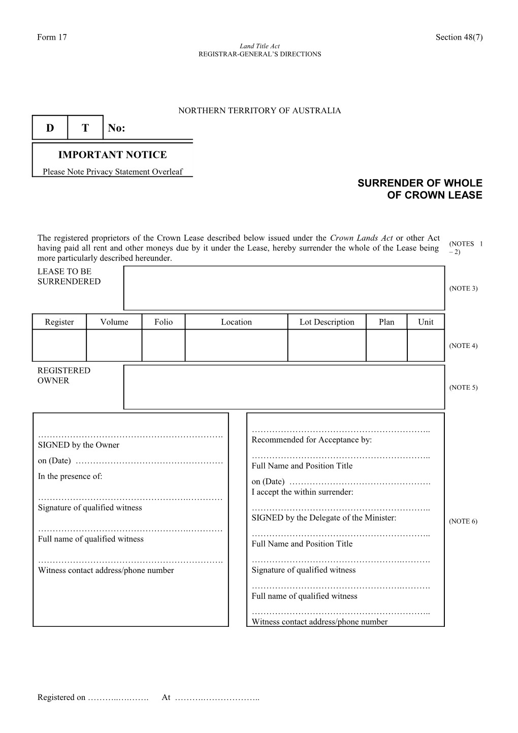 Form No. 17 - Surrender of Whole Crown Lease