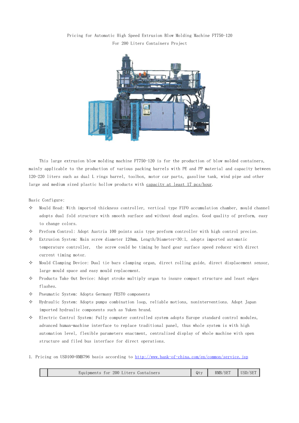 Pricing for Automatic High Speed Extrusion Blow Molding Machine FT750-120