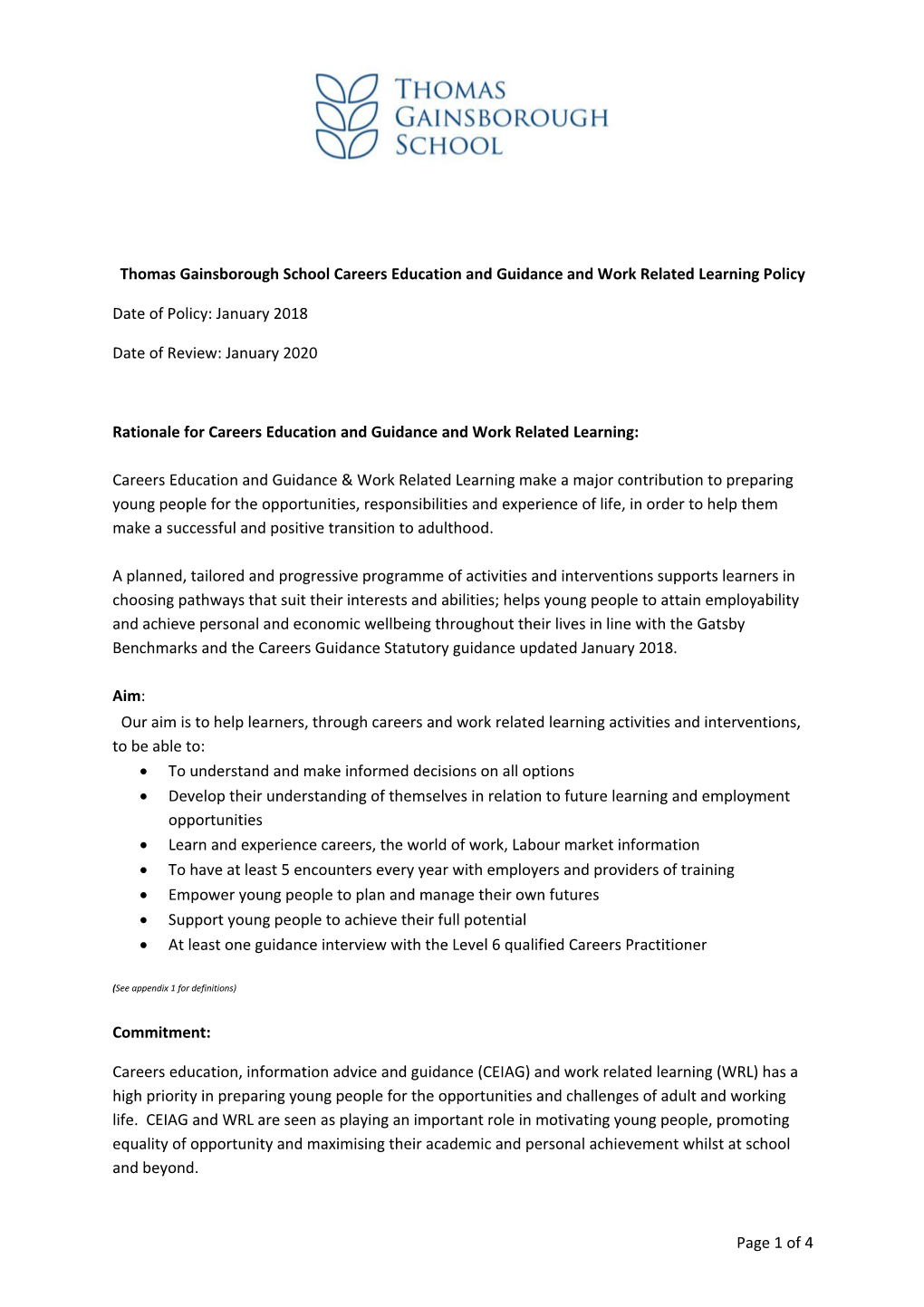 Thomas Gainsborough School Careers Education and Guidance and Work Related Learning Policy