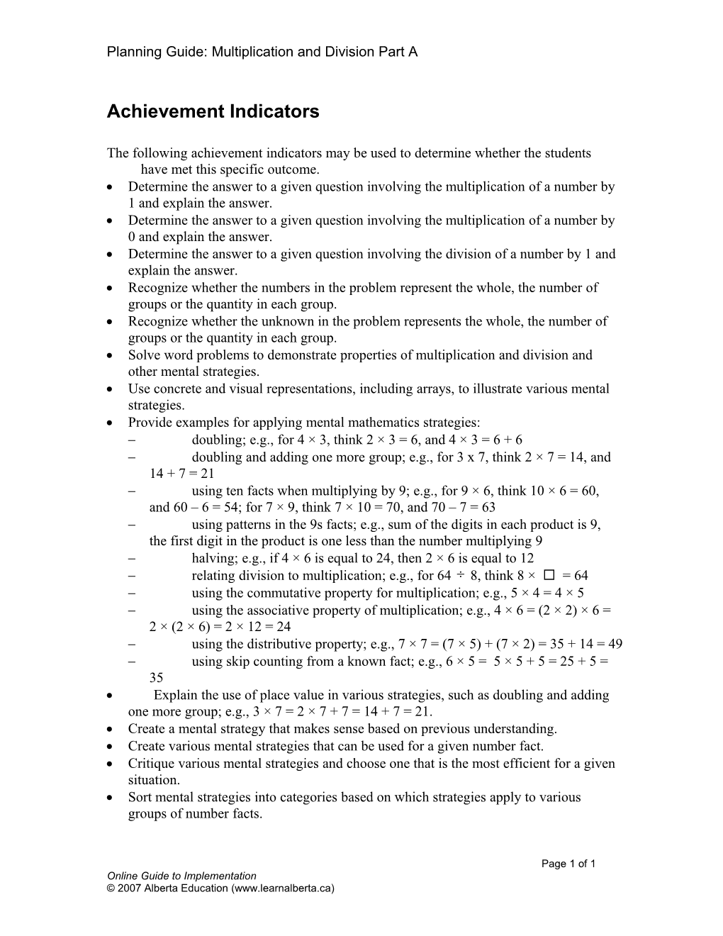 Planning Guide: Multiplication and Division Part A