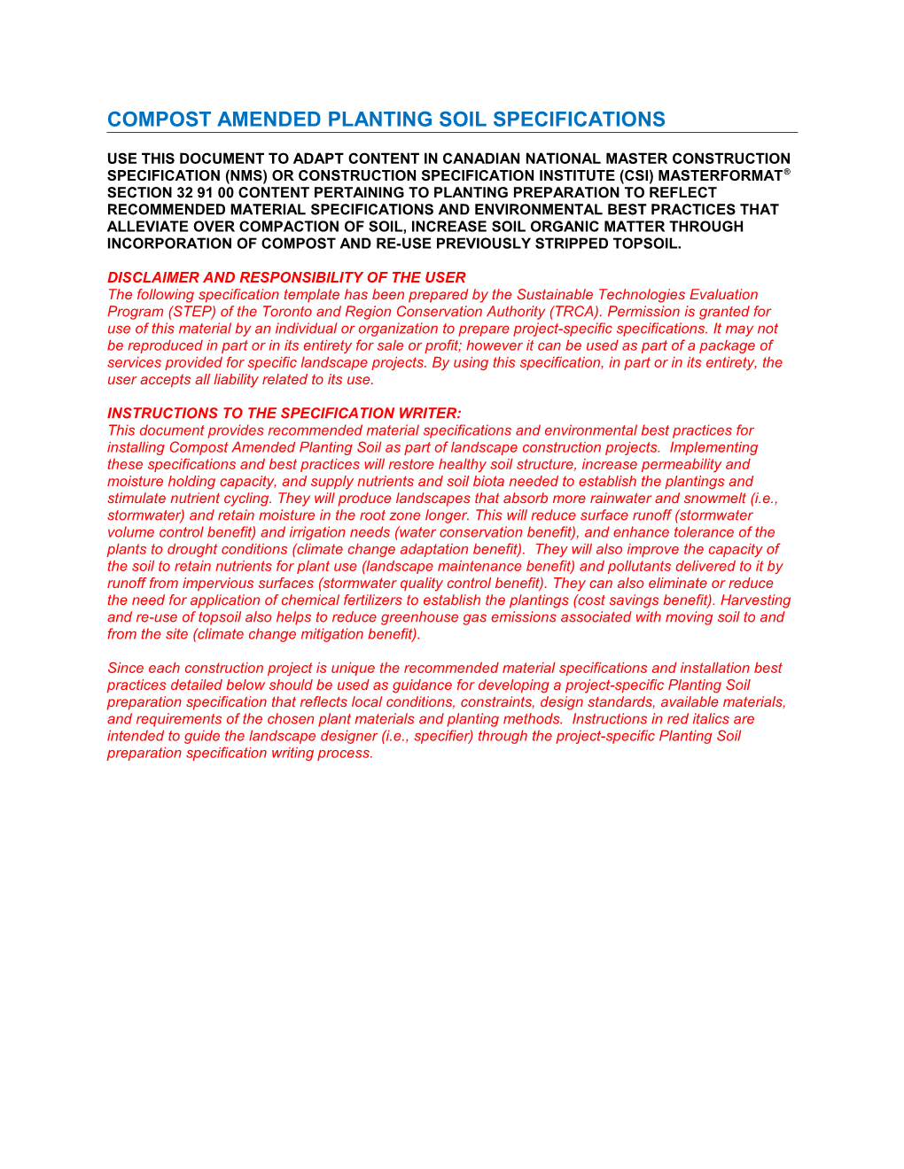 Compost Amended Planting Soil Specifications