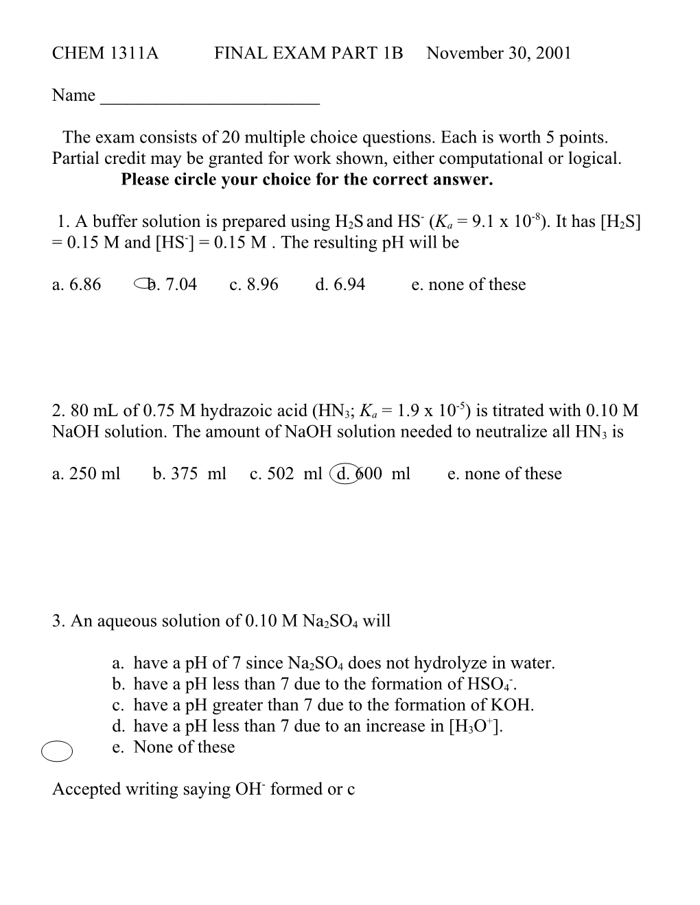 Chem 1311A Exam I a Fall 2001