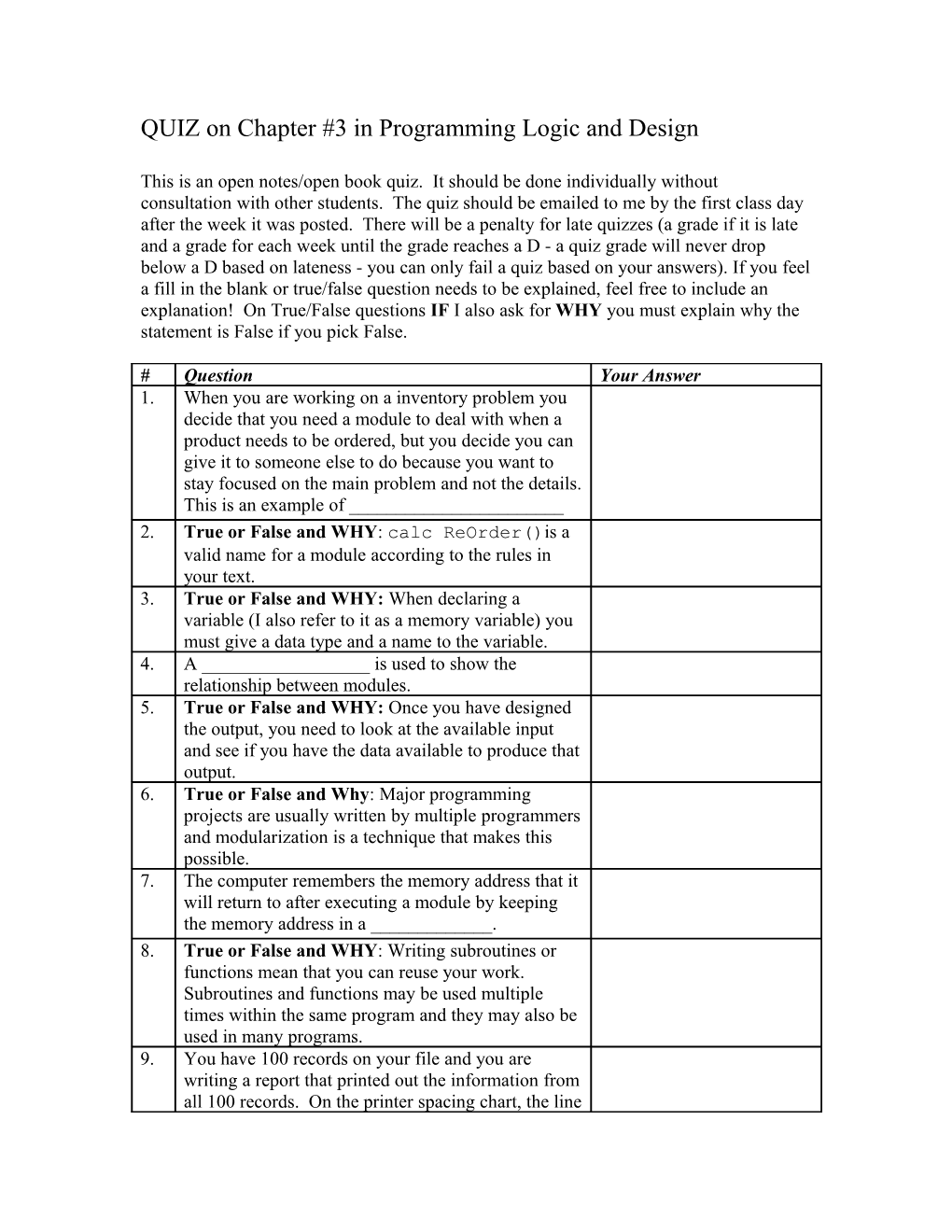 QUIZ on Chapter #1 in Programming Logic and Design