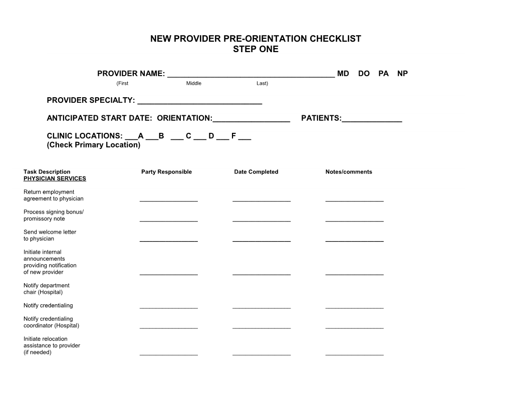 New Provider Pre-Orientation Checklist
