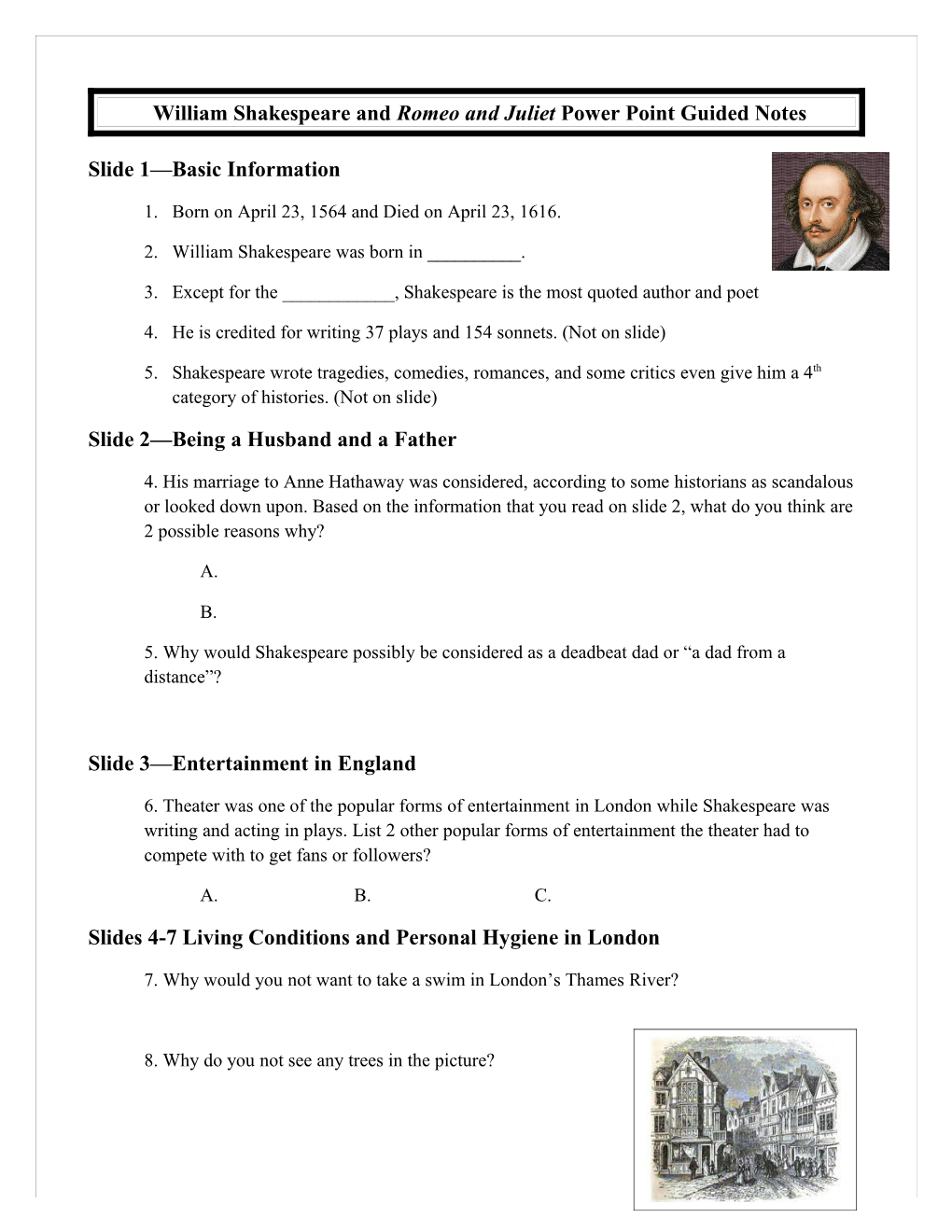 William Shakespeare and Romeo and Juliet Power Point Guided Notes