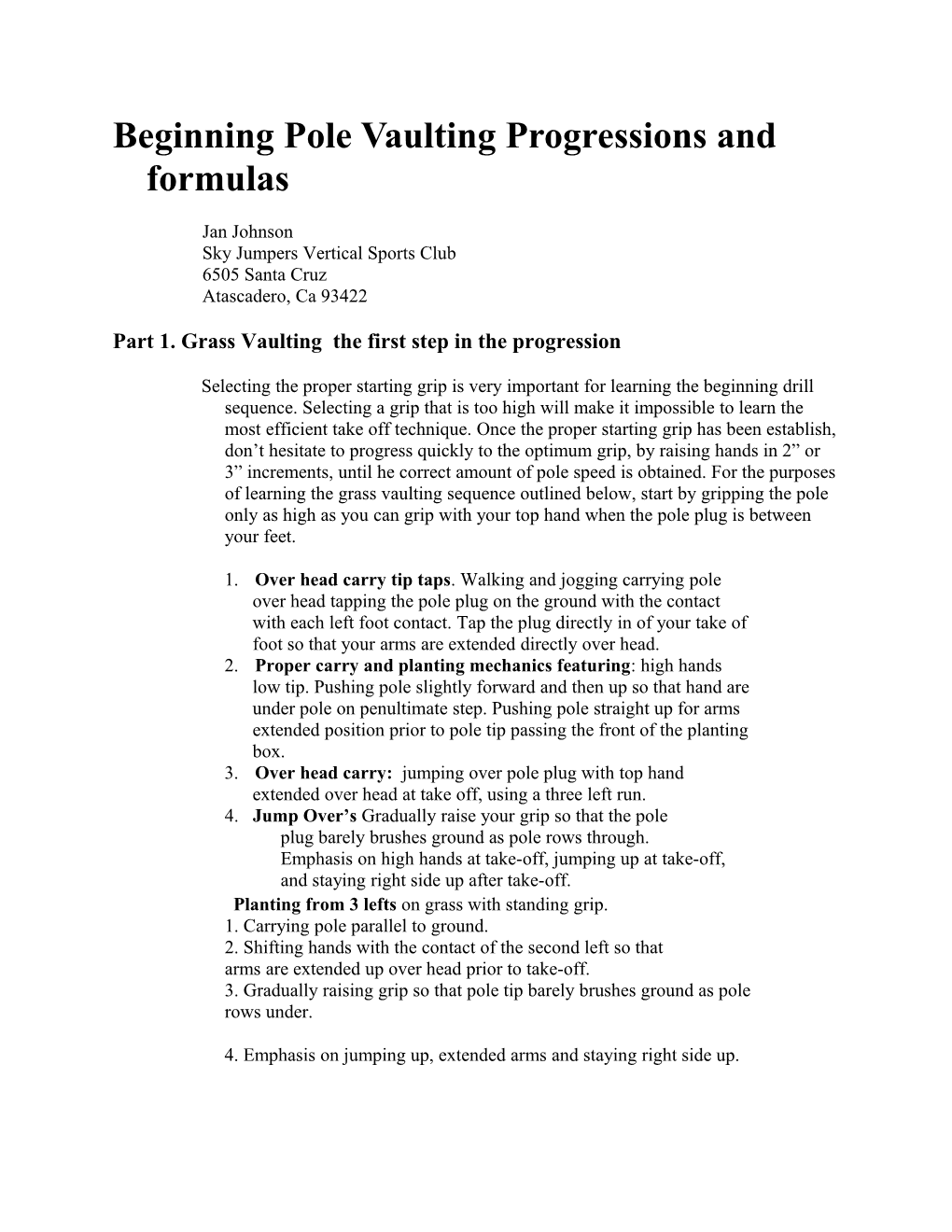 Beginning Pole Vaulting Progressions and Formulas