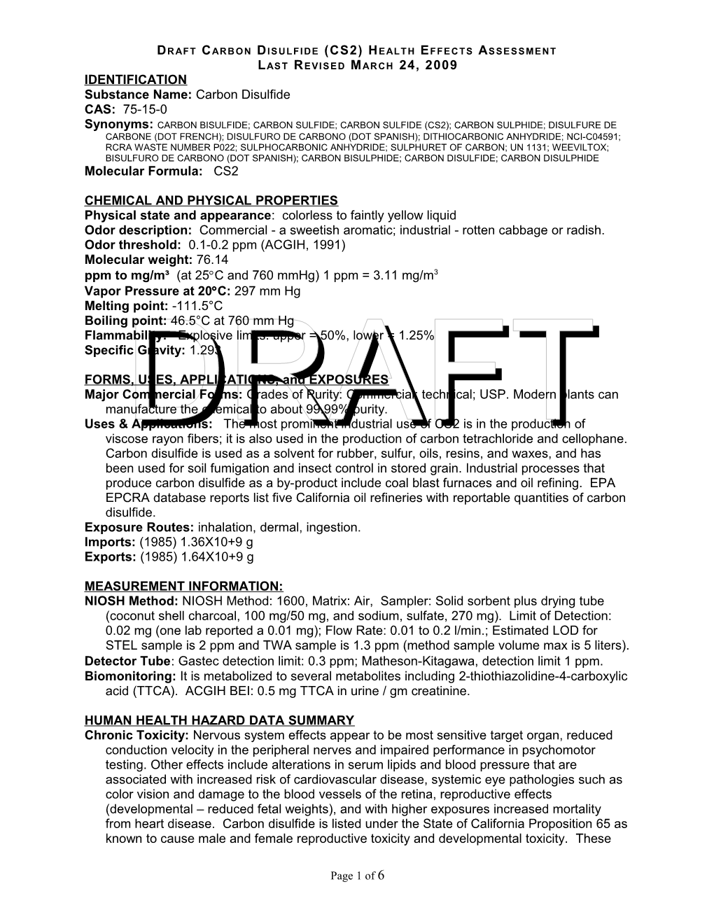 Draft Carbon Disulfide (CS2) Health Effects Assessment