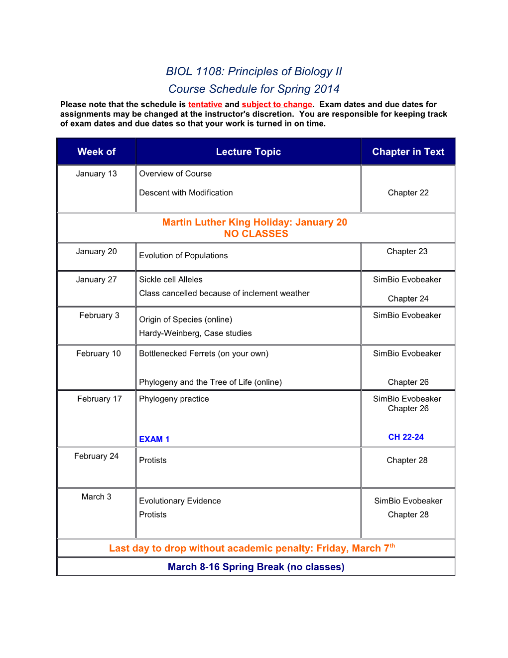 Course Schedule for Spring 2014