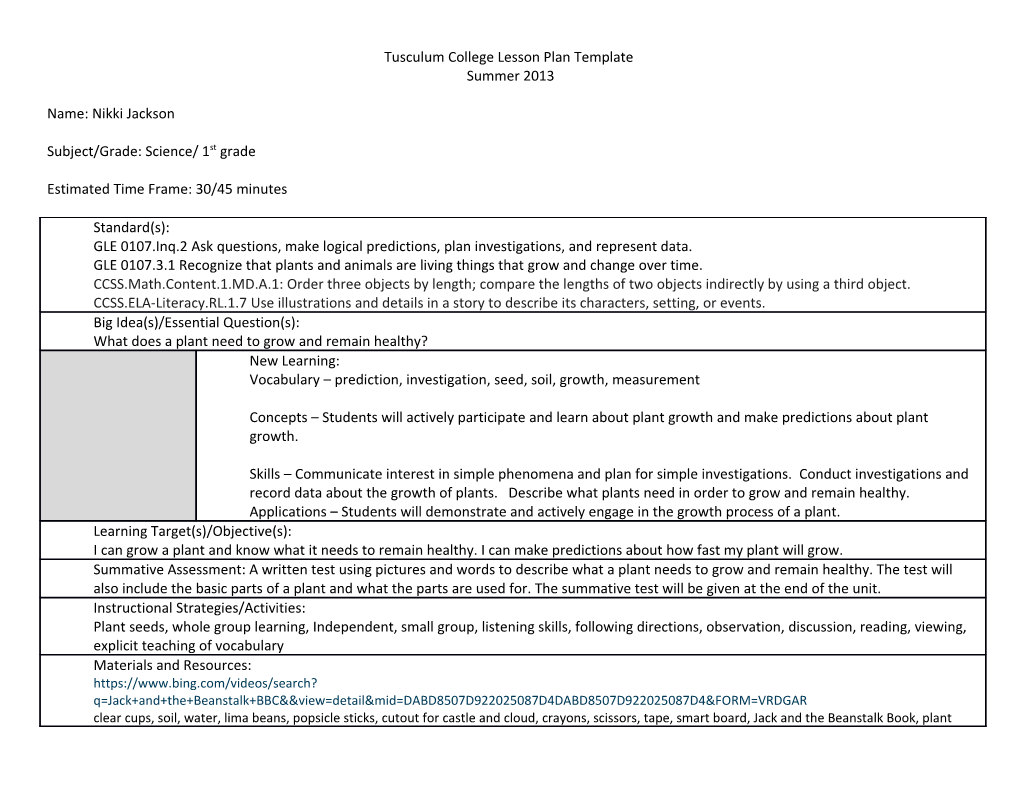 Tusculum College Lesson Plan Template