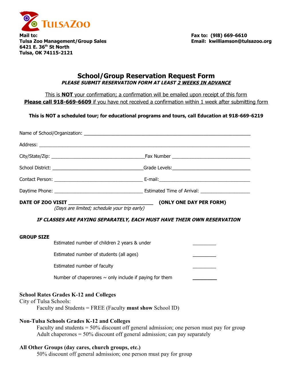 Tulsa Zoo Reservation Request Form