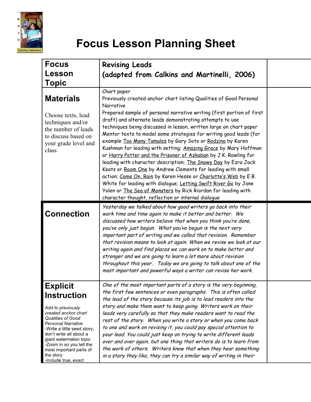 Focus Lesson Planning Sheet s4
