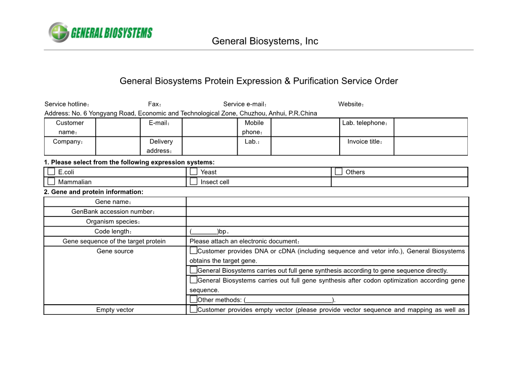 General Biosystems Protein Expression & Purification Service Order