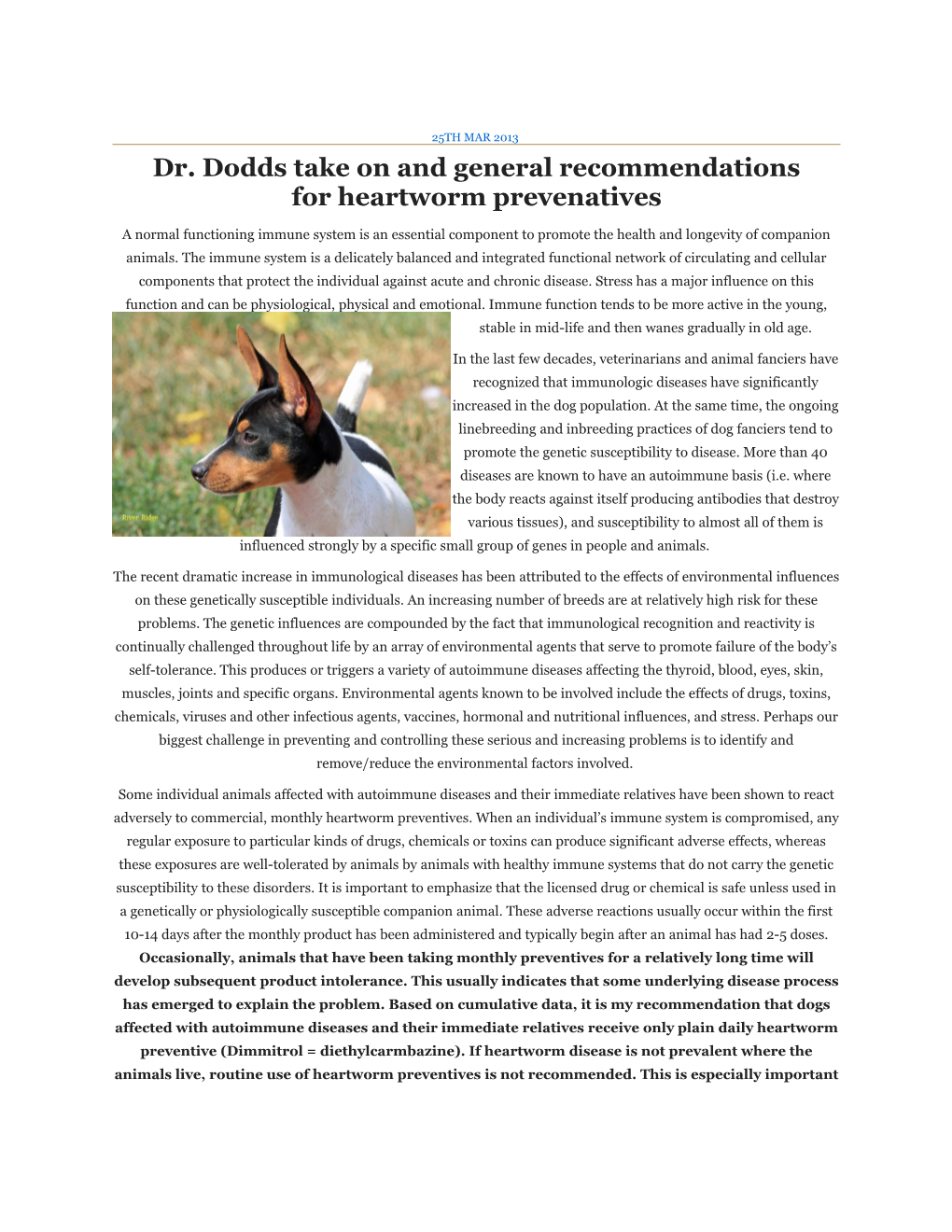 Dr. Dodds Take on and General Recommendations for Heartworm Prevenatives
