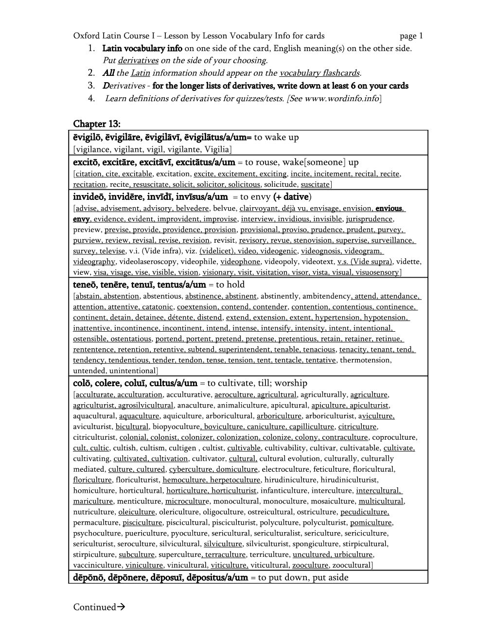 Oxford Latin Course I Lesson by Lesson Vocabulary Info for Cards Page 1