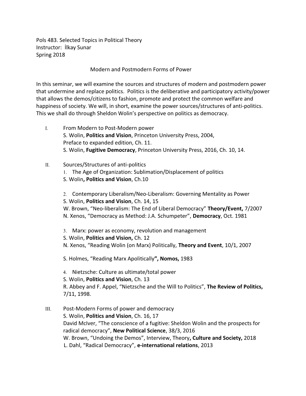 Pols 483. Selected Topics in Political Theory