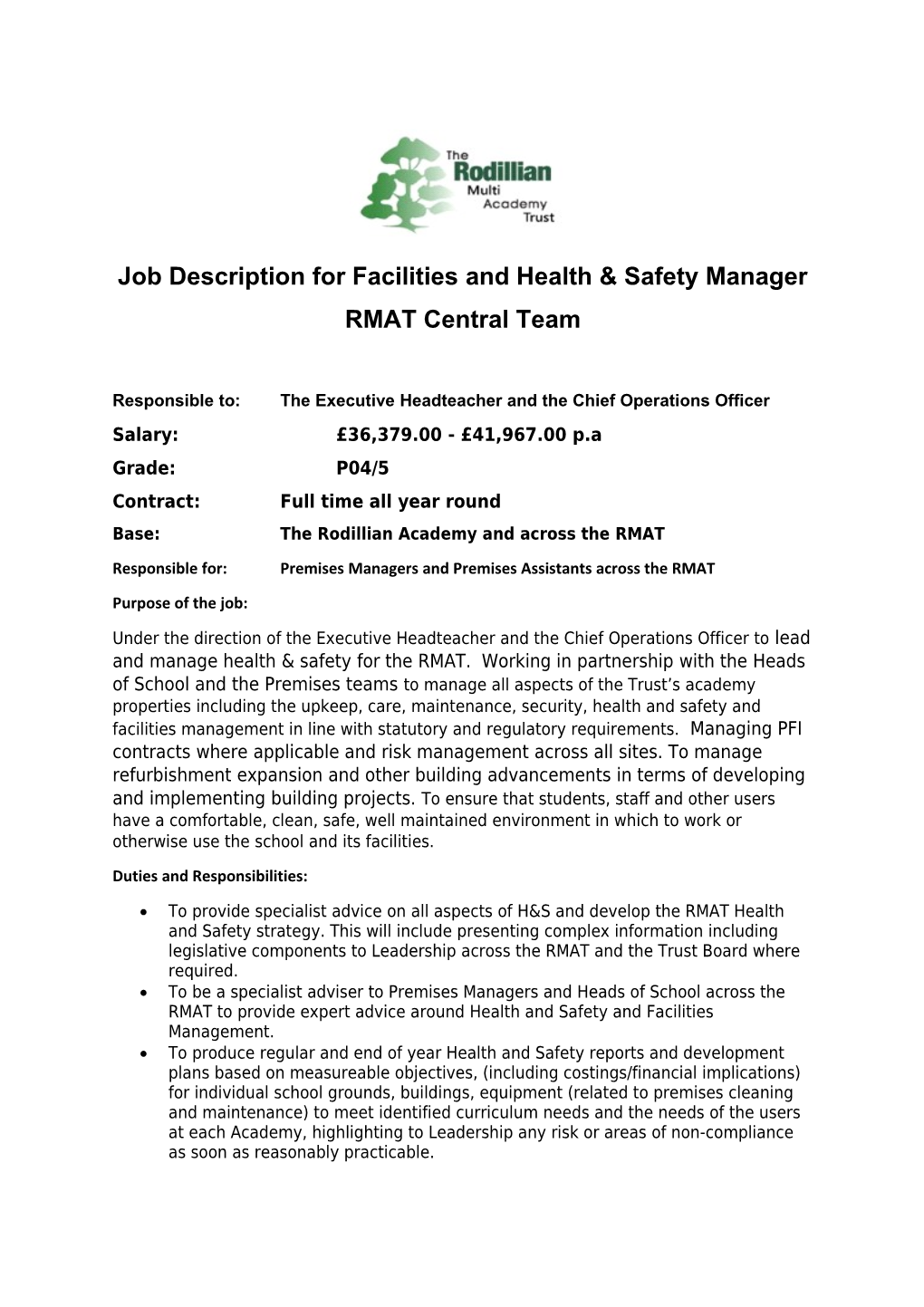 Job Description for Facilities and Health & Safety Manager